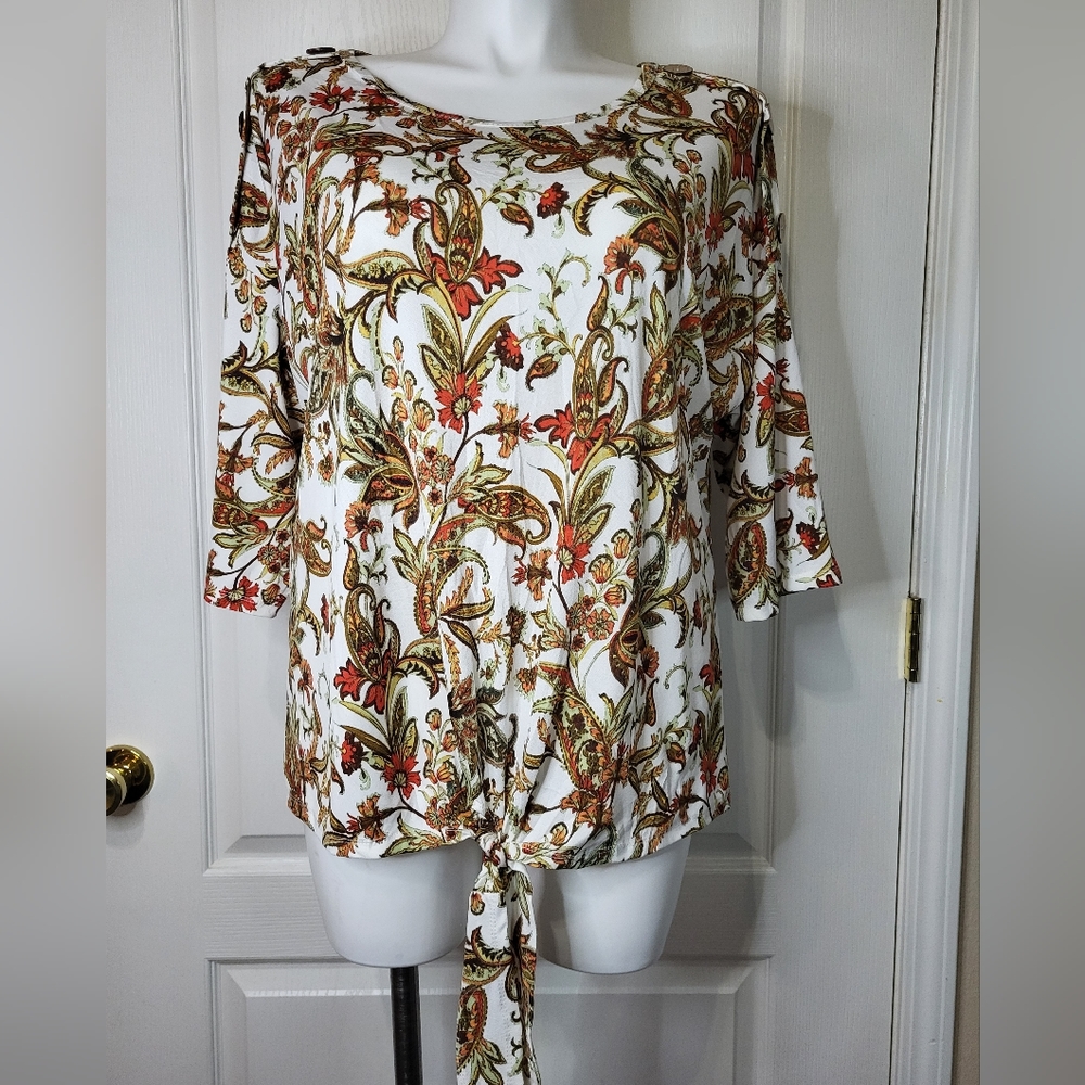 Cure.Floral Tie Front Crew Neck Blouse